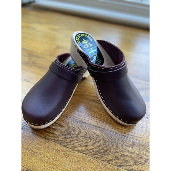 Torpatoffeln Shoes - Torpatoffeln Cape Clogs Sweden Burgundy Leather Wooden Heel Women's US 7 (37)
